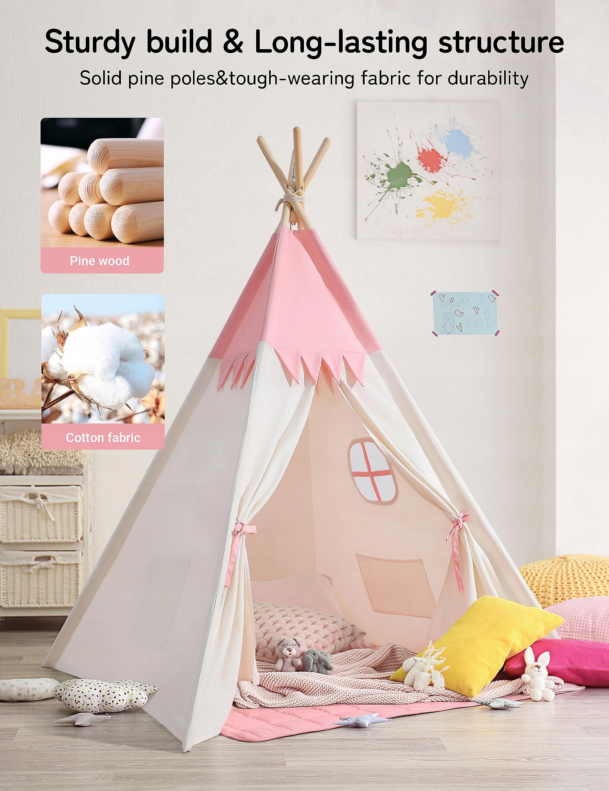 BESREY Namiot Tipi Dla Dzieci RóżowoBeżowy Namiot Do Pokoju Dziecięcego — miniatura 3
