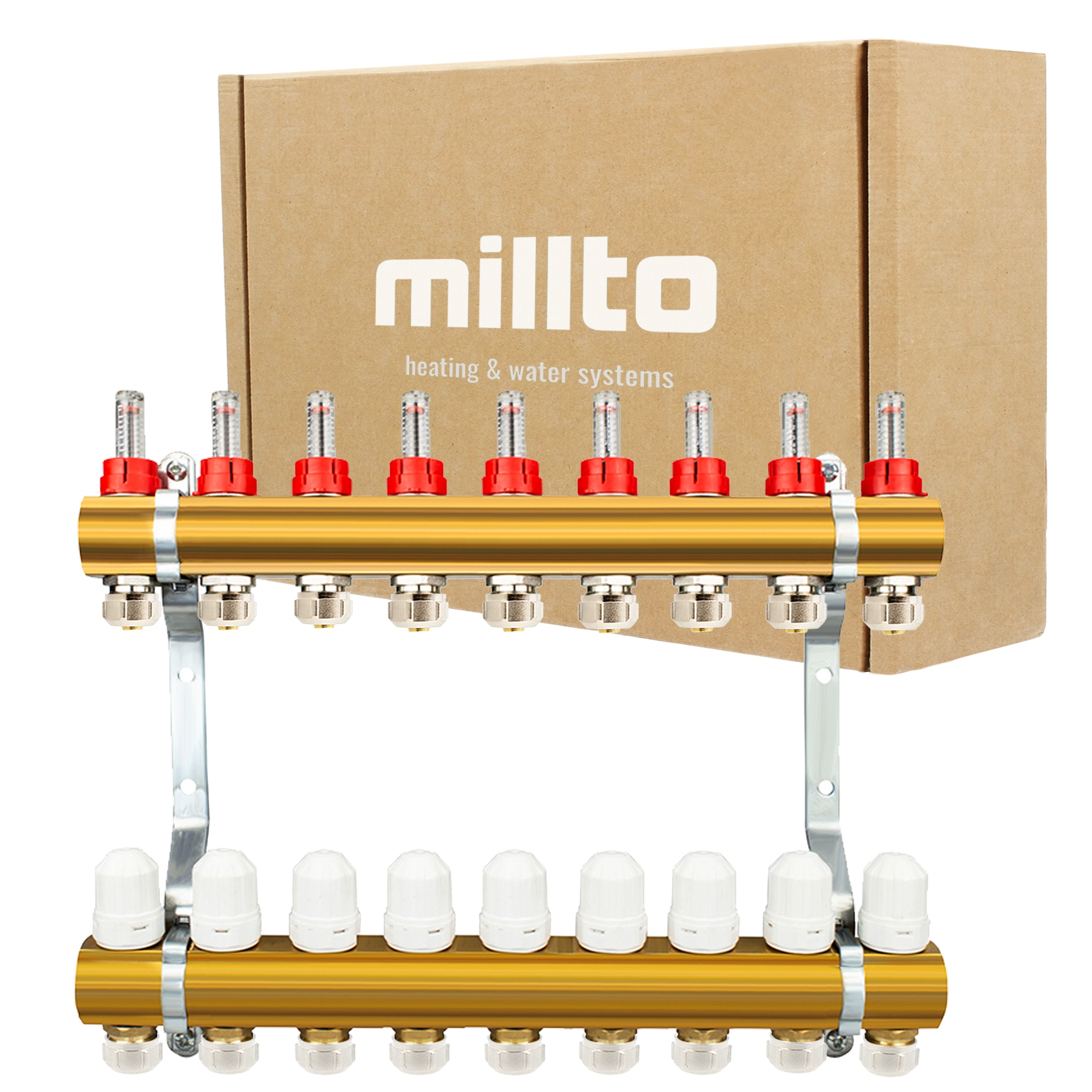 Rozdeľovač Podlahovky 9 Sekcií Ohrievania Co Adaptéry Pex Mosadz Kolek 4F
