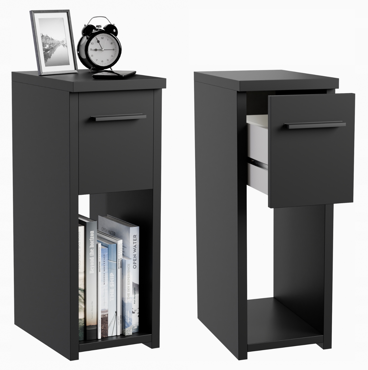 Sada 2 Kusov Nočných Stolíkov Úzke Čierne Loft 20x30 CM So Zásuvkou A Poličkou