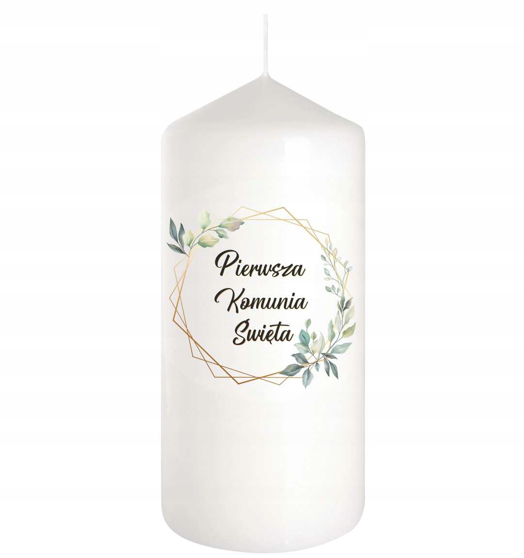 komunijna ŚWIECA na stół Komunia dekoracja 12 cm liście złota obręcz
