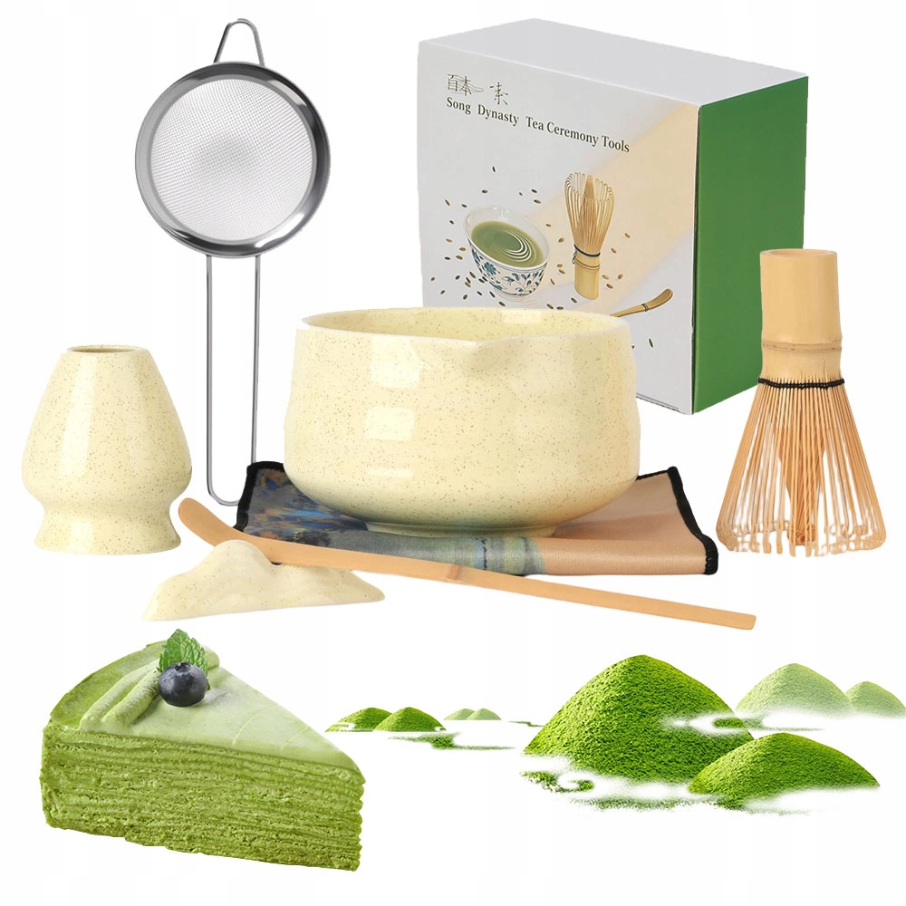 Zestaw Ceramiczny Matcha 7 Elementy Tradycyjny Z Bambusa Naturalne Miotełka