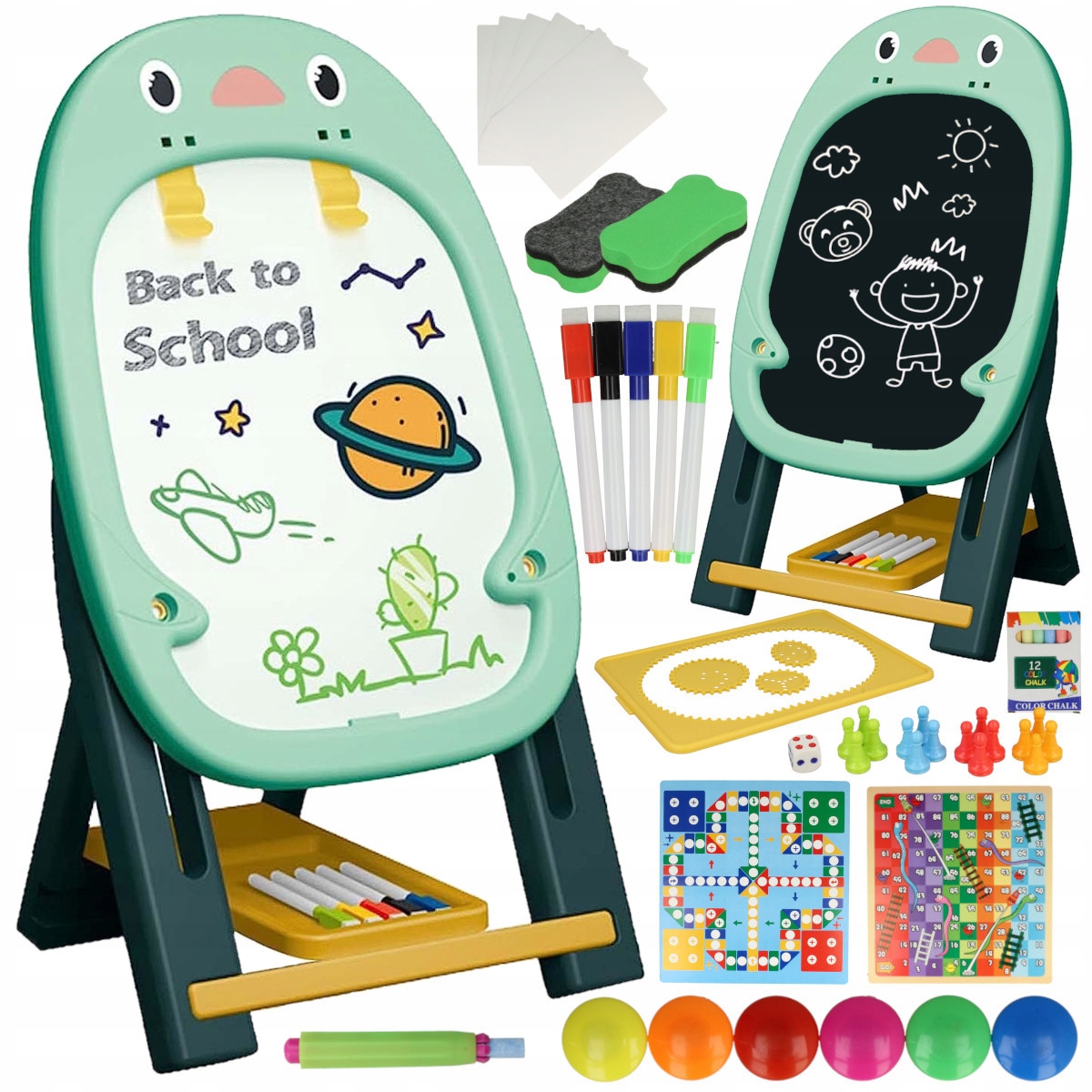 Tablica EDUKACYJNA 2w1 Magnetyczna Kredowa Stojąca + Akcesoria Gry Gąbka Marka Stator