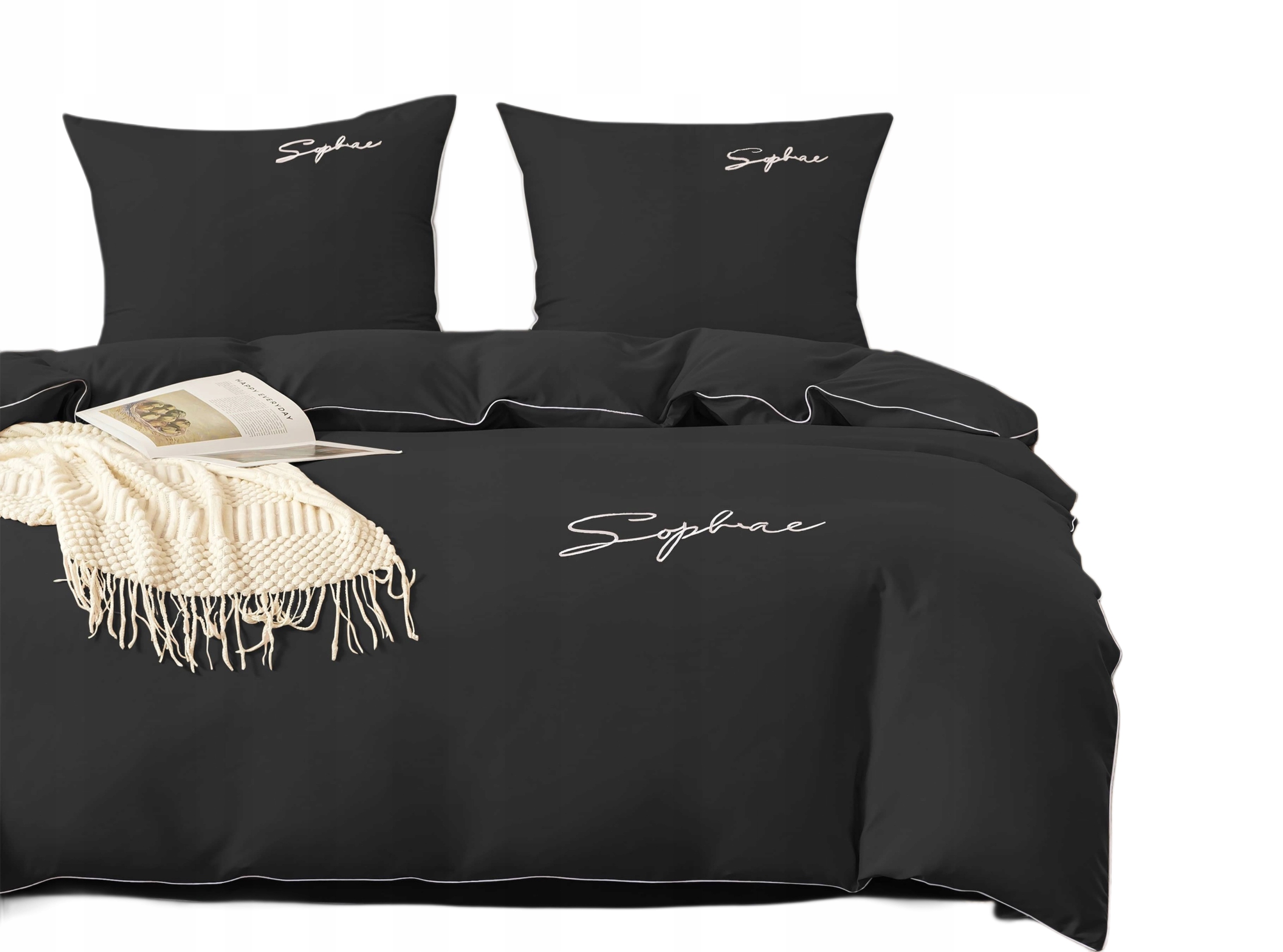 Elegantní Povlečení Mikrovlákno 200x220 s Bílou Výšivkou – 3 části Černá