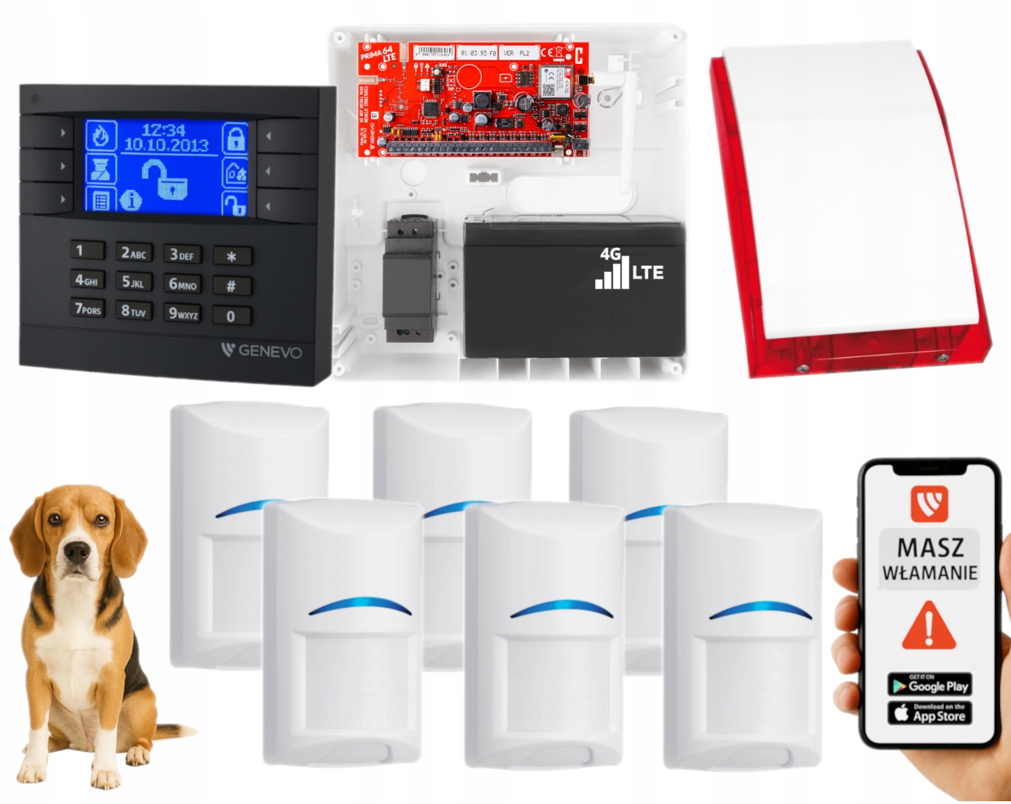 System Alarmowy Genevo PRiMA64LTE Gsm 6 Czujek Bosch Pet 20kg Panel LCD App
