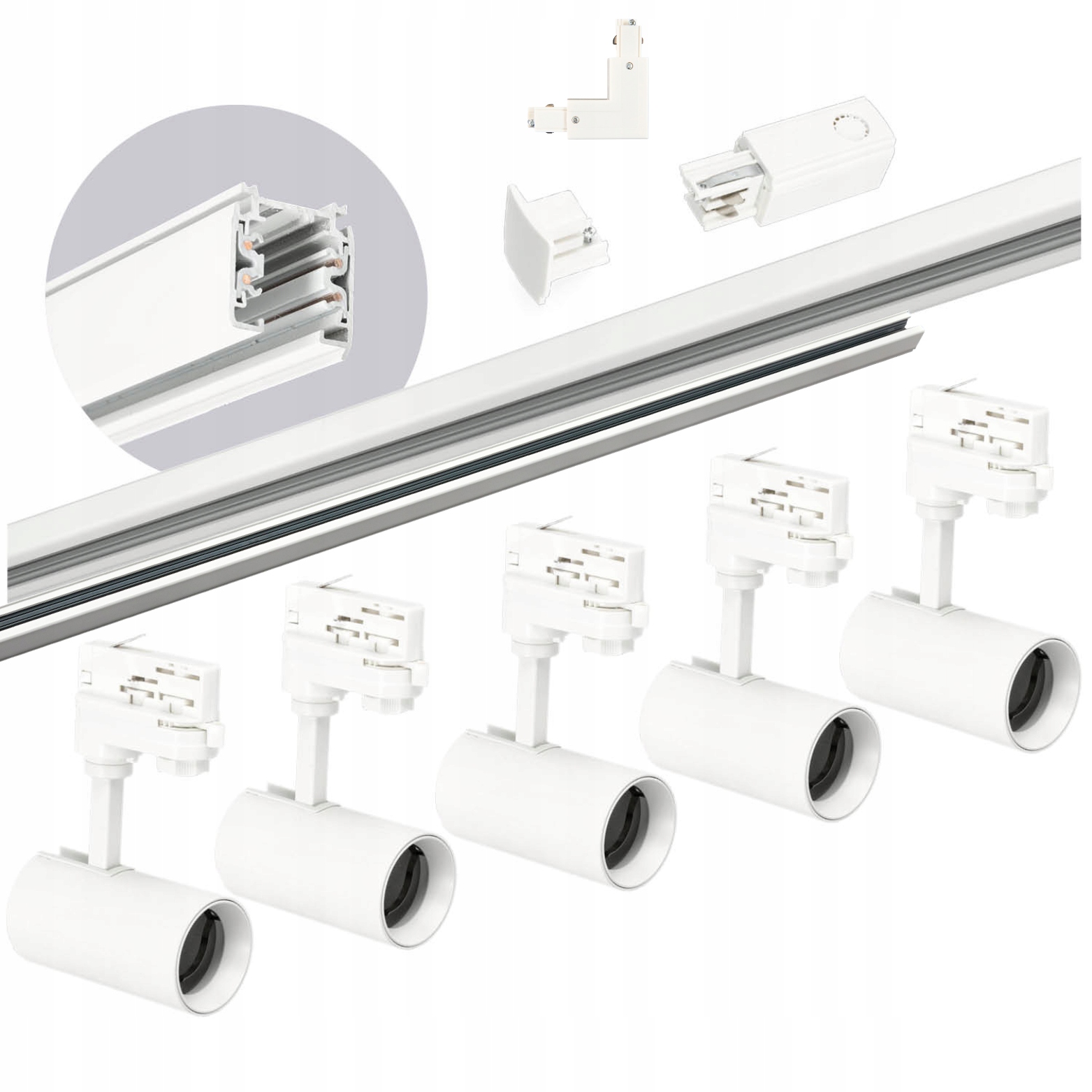 3-fázové kolejnicové osvětlení, kolejnice 1m+2m, 5x Spojovací lampa L Bílá komplet