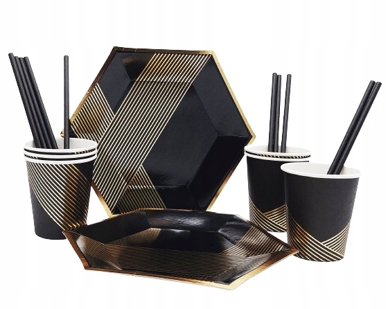 ZESTAW CZARNY GLAMOUR TALERZYKI KUBECZKI ZASTAWA JEDNORAZOWA