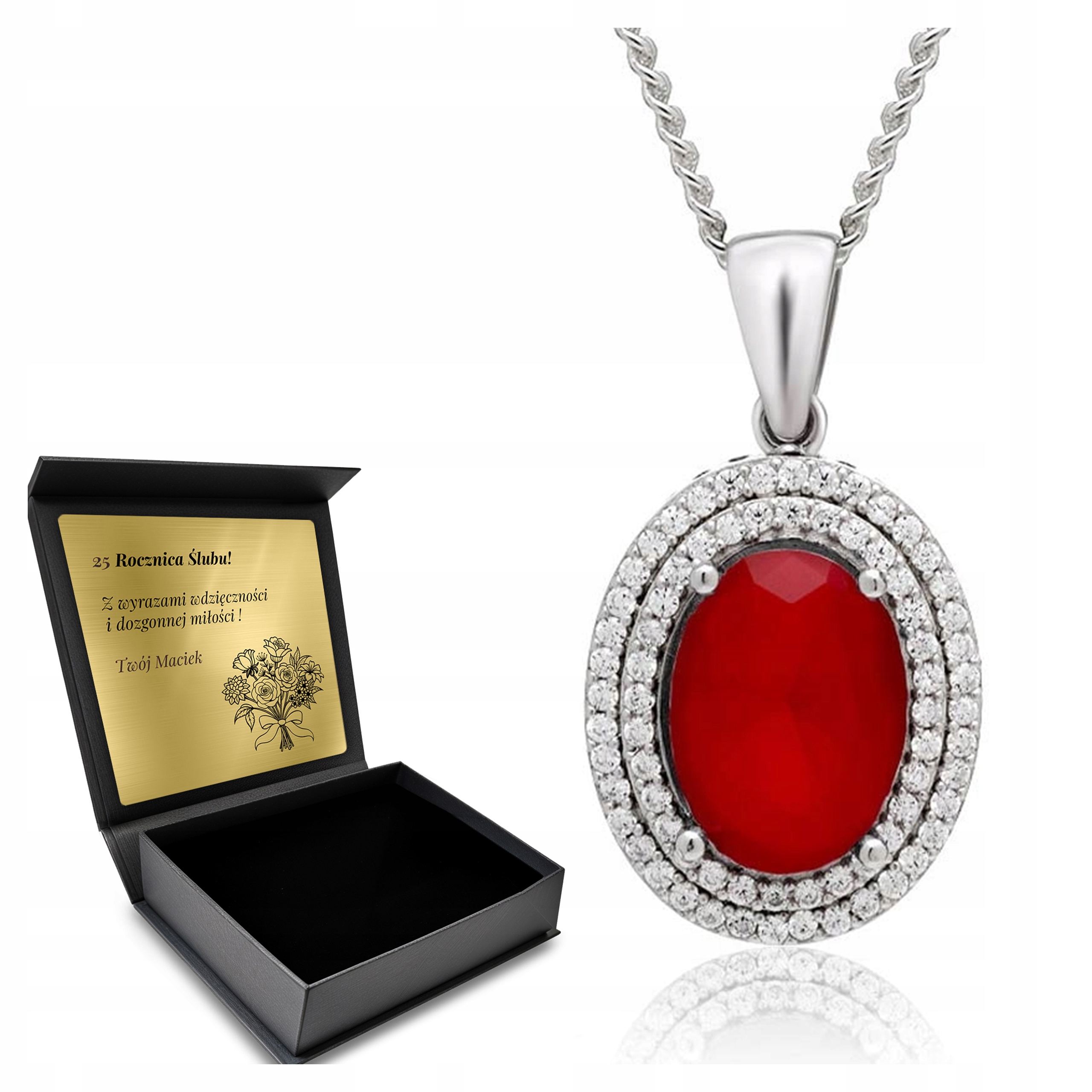 Stříbrný Náhrdelník 925 Zirkony Rubín Dárek pro ženu Gravírování Bonus