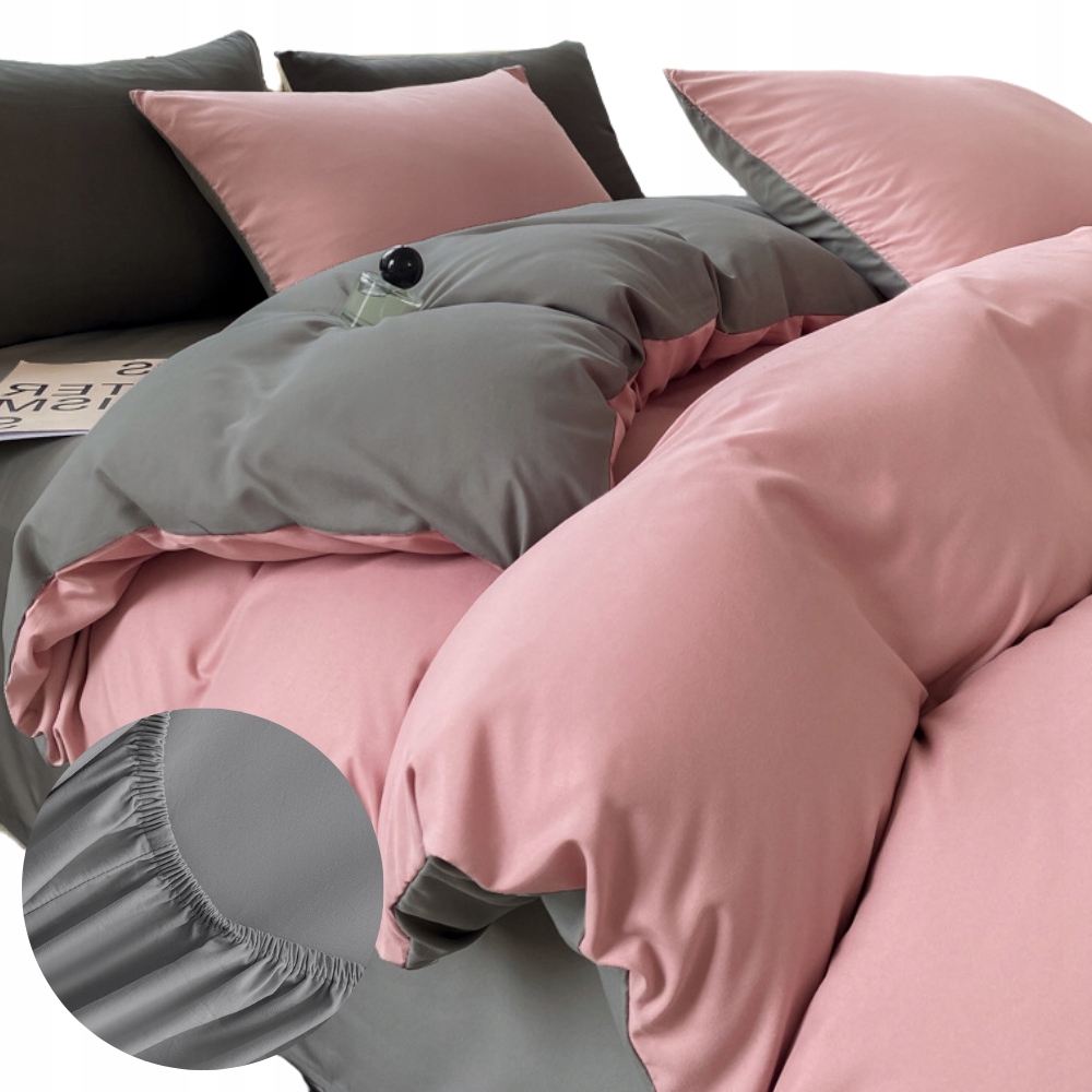 Komplet pościeli 200x220 prześcieradło z gumką gładka dwukolorowa różowa