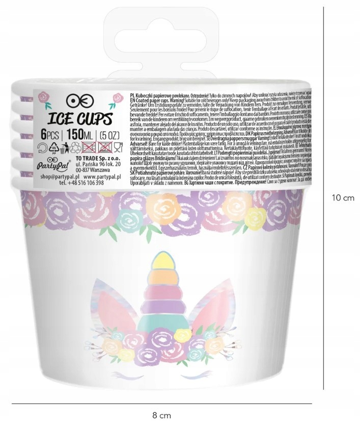 KUBEK DO LODÓW PAPIEROWY JEDNOROŻEC UNICORN RÓŻOWY NA URODZINY 150 ML 6 SZT Marka PartyPal