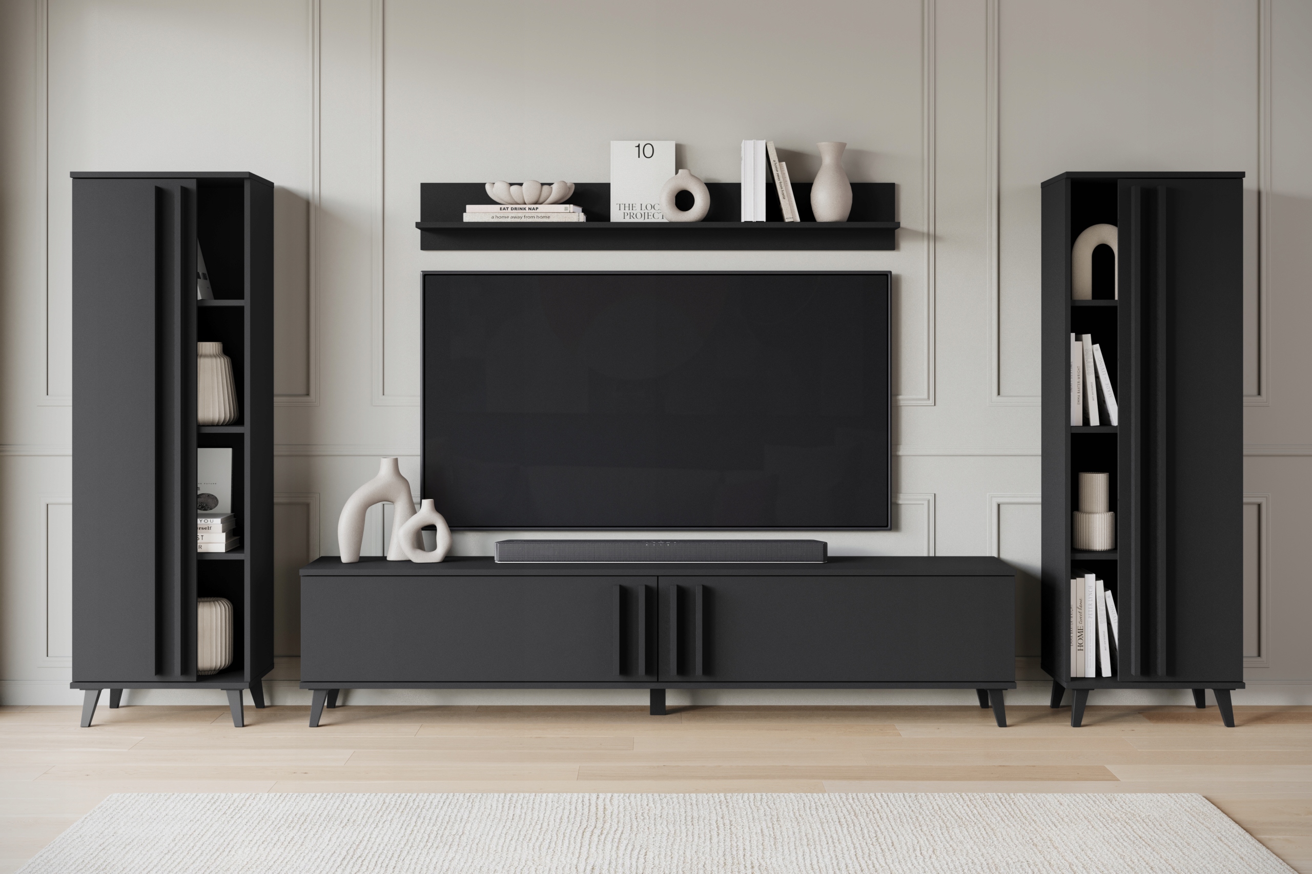 Meblościanka na nóżkach nowoczesny zestaw RTV z regałami, półką mat Czarny Marka Bratex