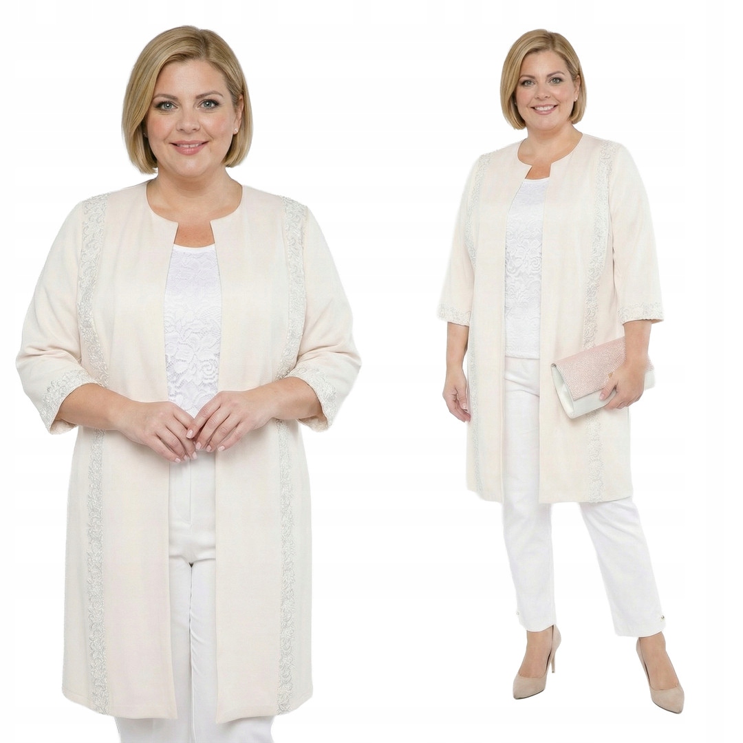 Elegantní krémový kabát s flitry plus size, velikost 56
