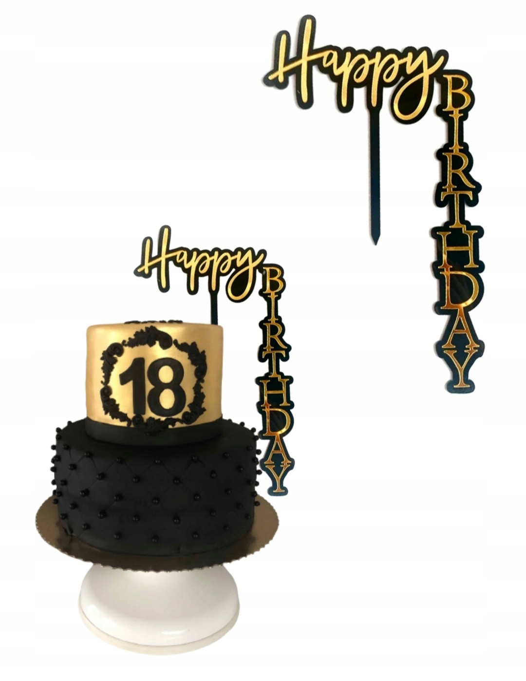 

Topper Happy Birthday napis Czarno Złoty Pionowy G