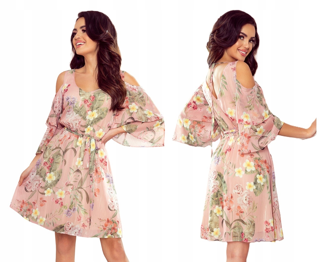 Lehké Šaty S Odhalenými Zády A Rameny, Zavazovací, Růžová S Květinami, Velikost XXL