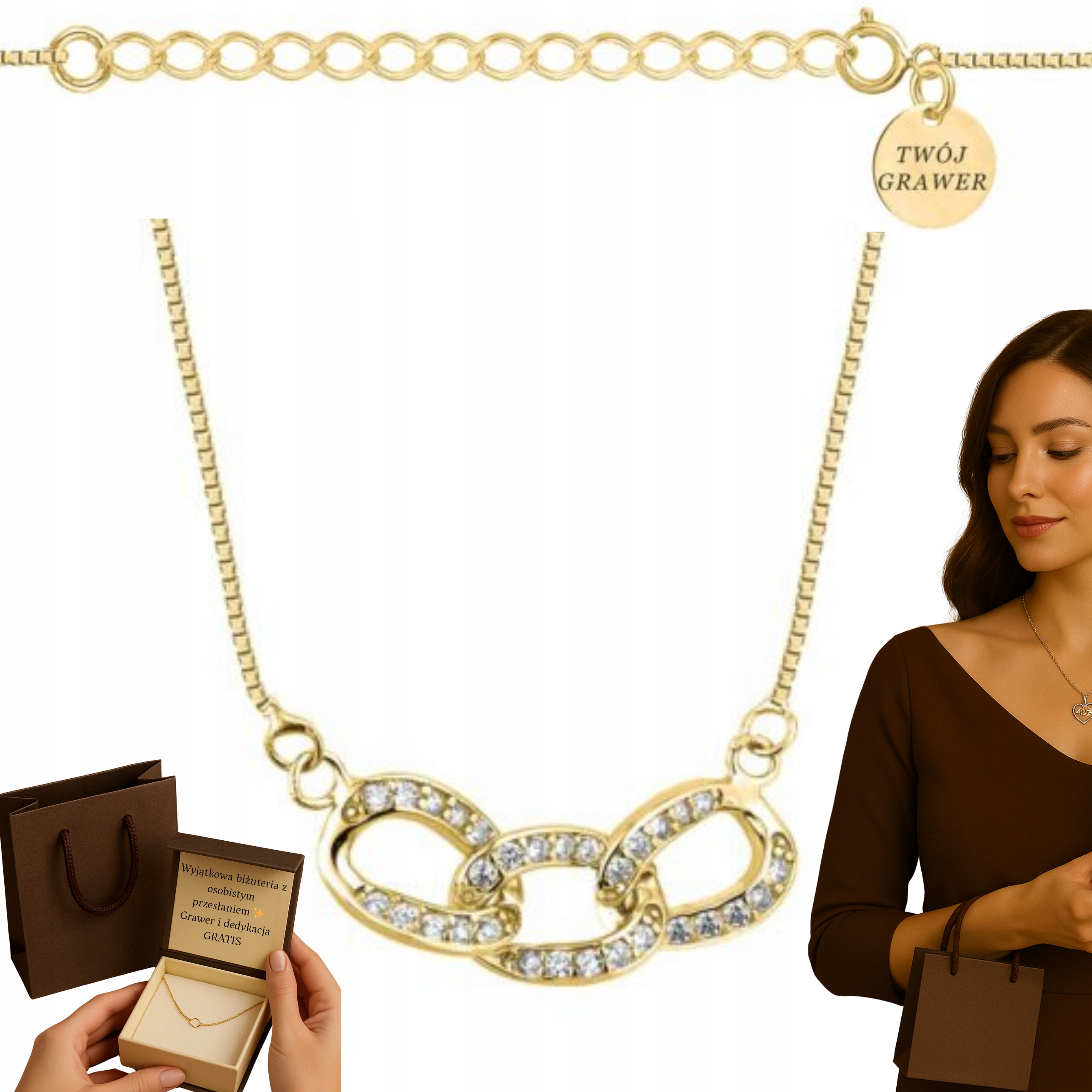 Dámský zlatý Řetízek ve tvaru kostky se zirkony, par. 585 925 Gravírování náhrdelník