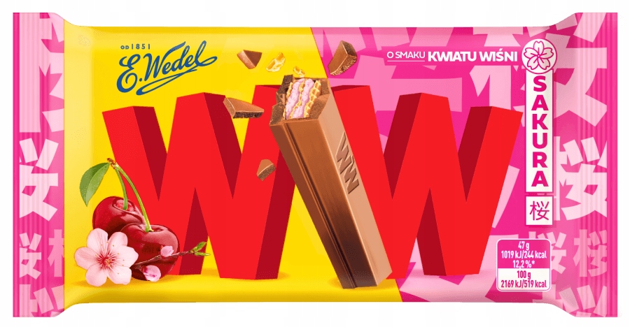 Levně Oplatky překládané krémem s příchutí třešňového květu v mléčné čokoládě 47 g