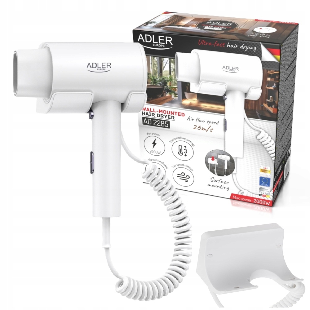 Suszarka Do Włosów Hotelowa Montaż Naścienny 1700W 3 Temperatury AD2285w