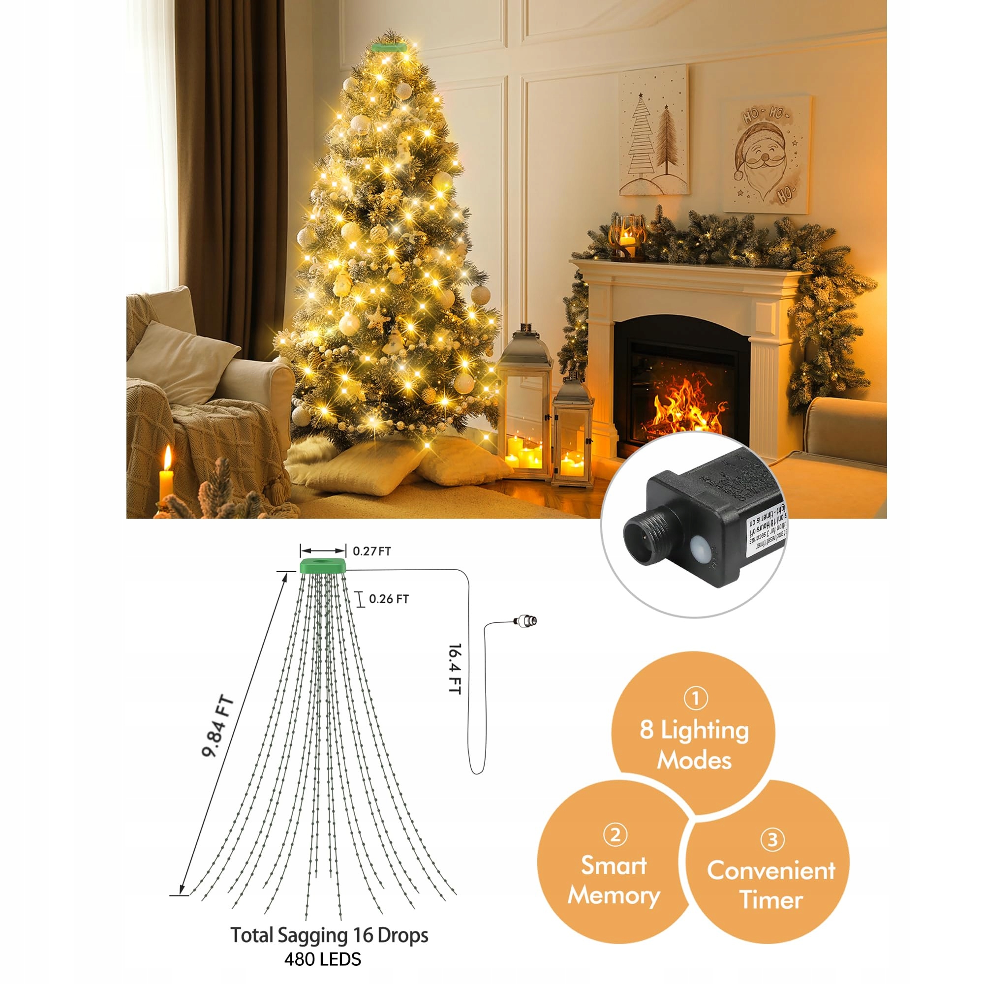 GYLEFY Lampki Choinkowe 480 LED IP65 Timer 8 Trybów — miniatura 4