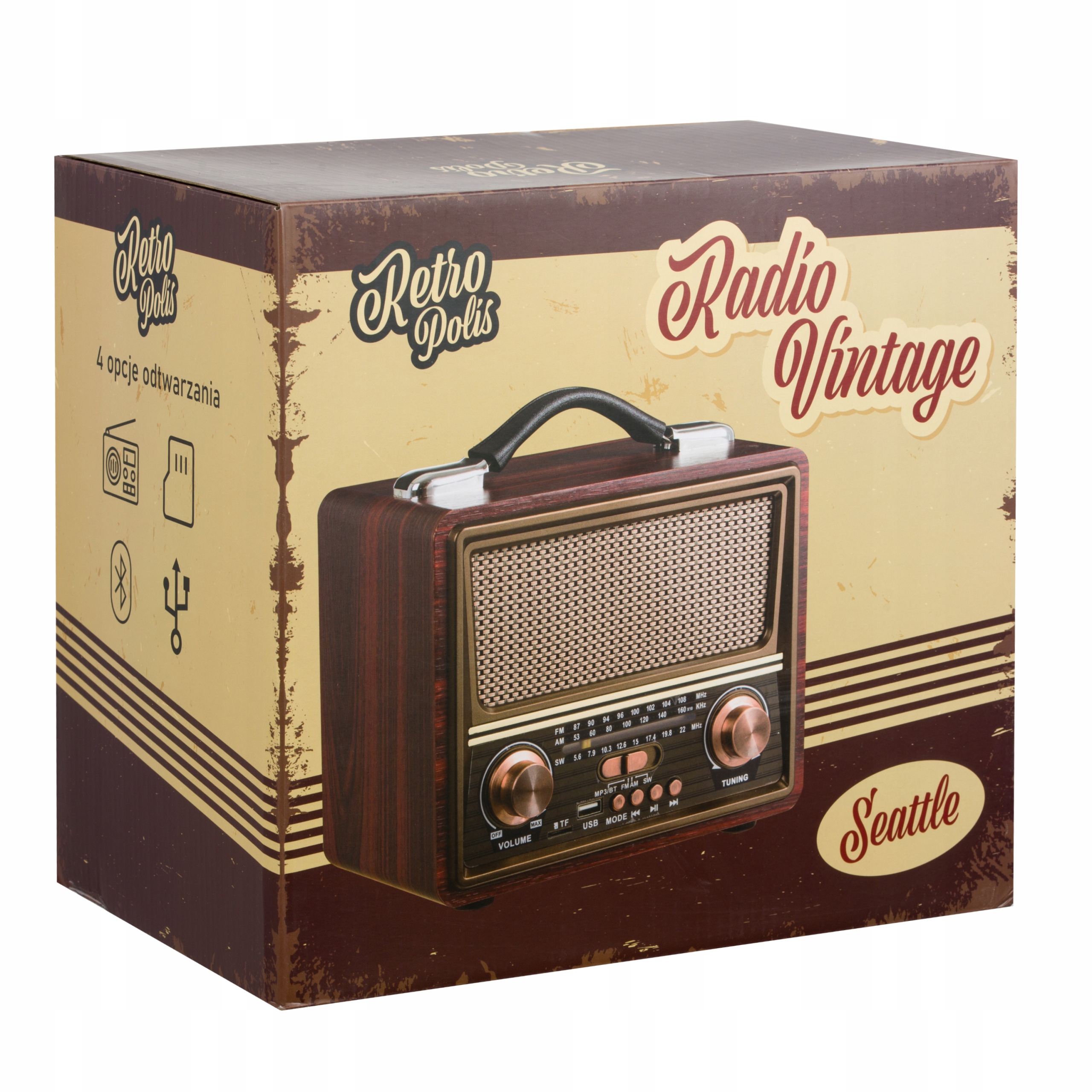 Radio sieciowo-bateryjne AM FM SW Retropolis Seattle Bluetooth USB microSD Kolor brązowy