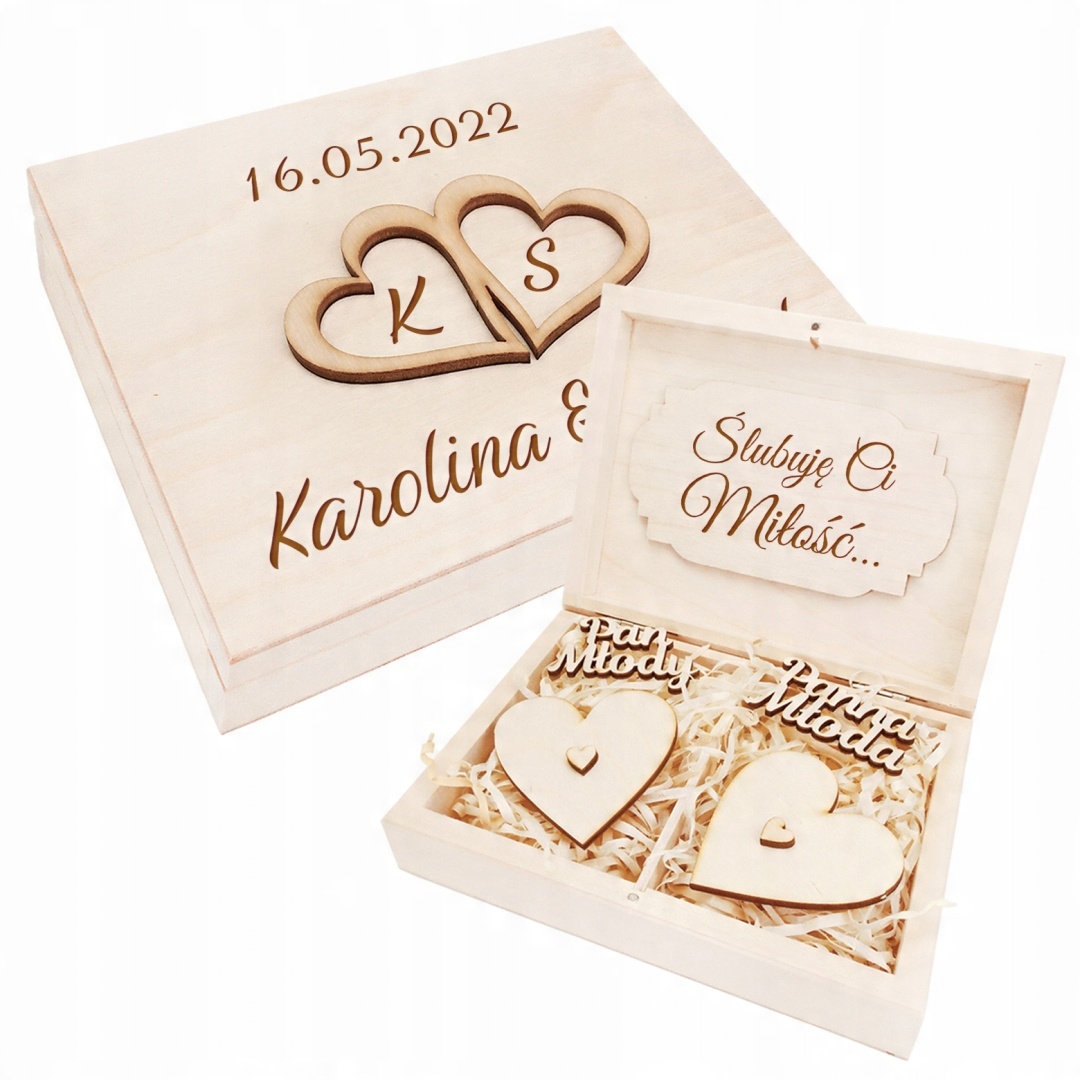 

Drewniane Pudełko na obrączki z napisami grawer
