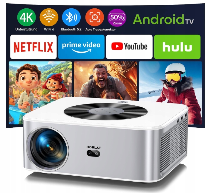 Projektor Przenośny Led Horlat Mini 4K Wifi Bt Beamer Full Hd 28000 Lumenów