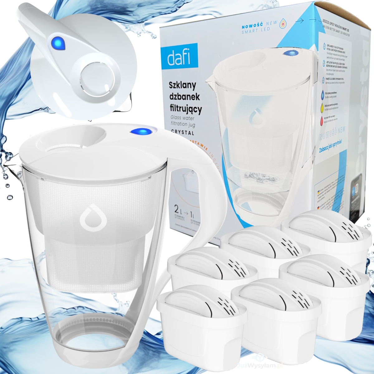 Dzbanek filtrujący wodę biały szklany Dafi Crystal 6 wkładów filtrów Unimax