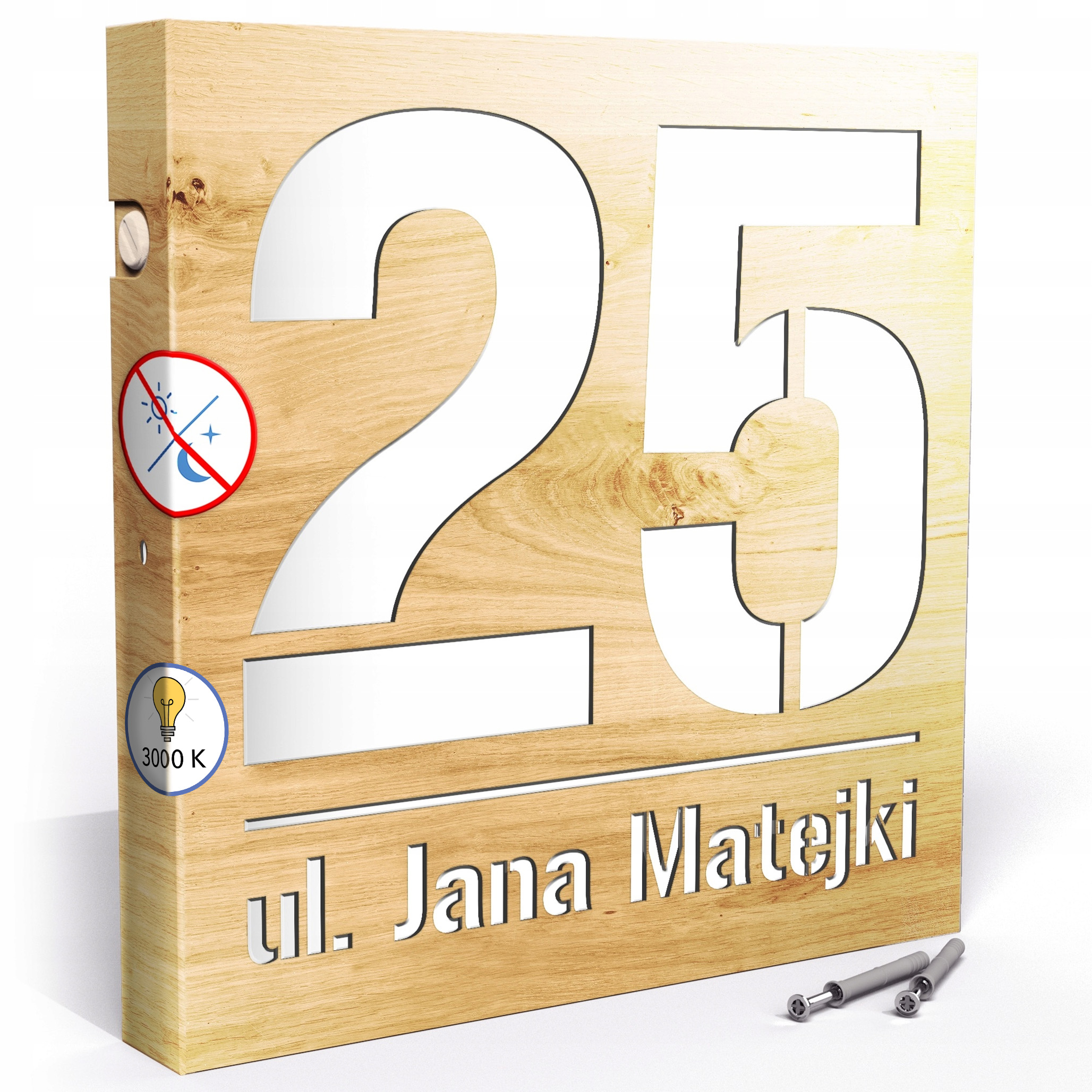 Led tabulka 3000k 30x30 cm Teplá barva Číslo na dům Světlý dub Led čísla