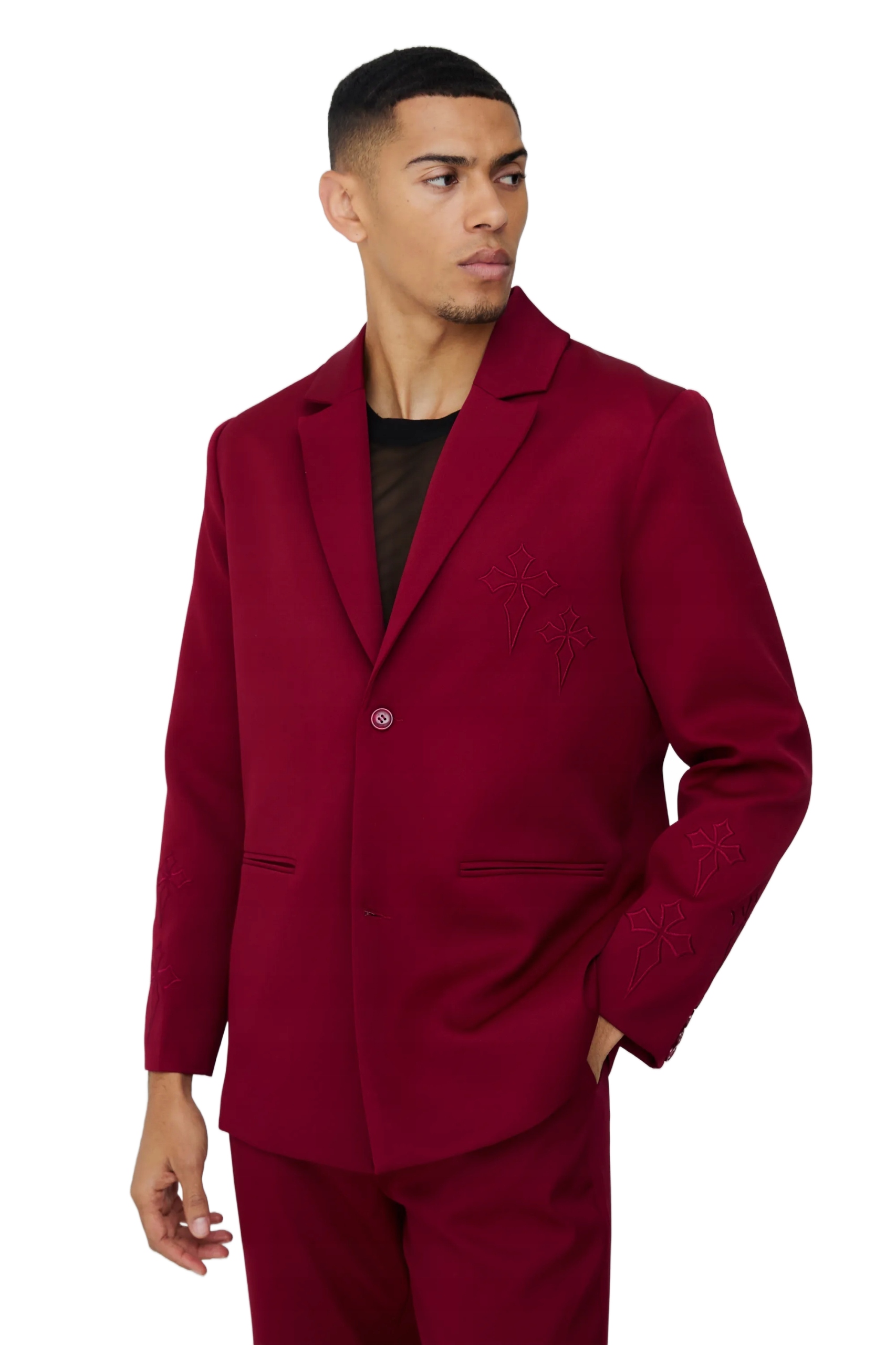 Boohooman Pánský Slim Bordový Oblek S Výšivkou Kříže 40 Z3A