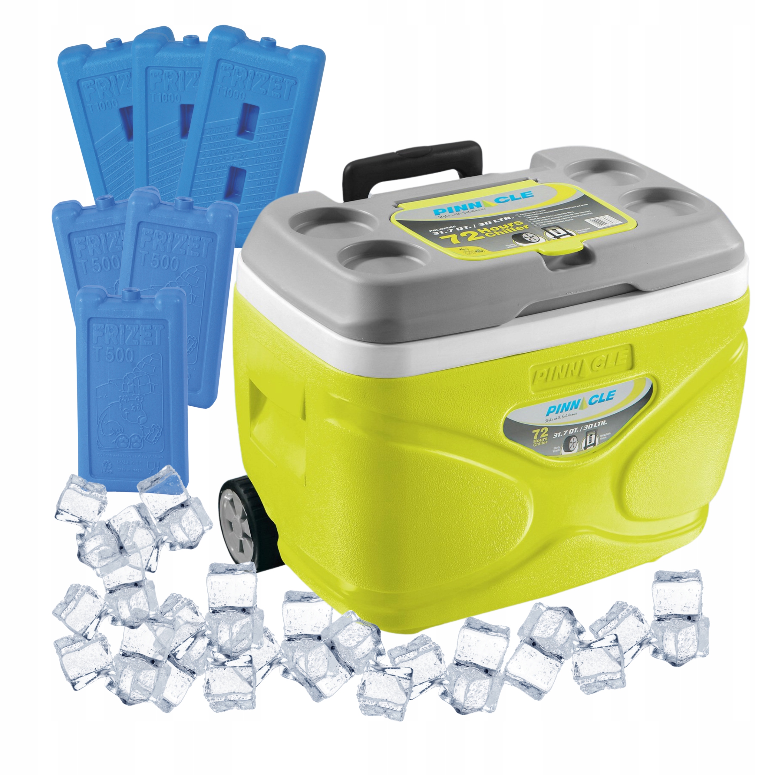 Turistická lednička s kolečky Pinnacle 30 l lime 6 náplní 3x 1000 ml 3x 500 ml