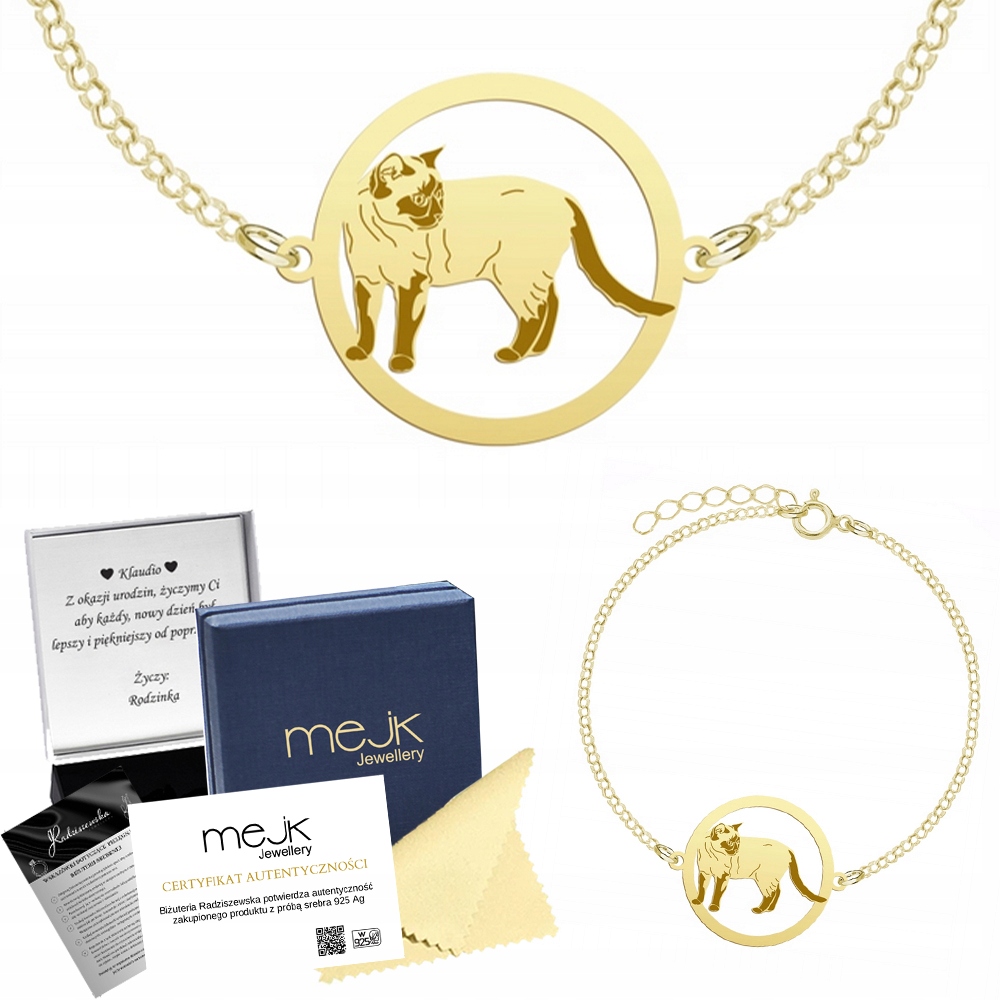Zlatý náramek s thajskou kočkou 925 Řetízek Šperky Dárek Gravírování