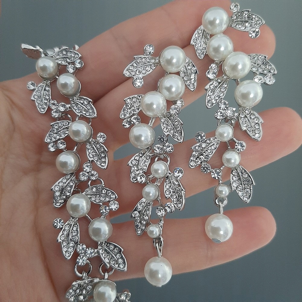 KOMPLET BRANSOLETKA KOLCZYKI LIŚCIE PERŁY ŚLUB Materiał Posrebrzany