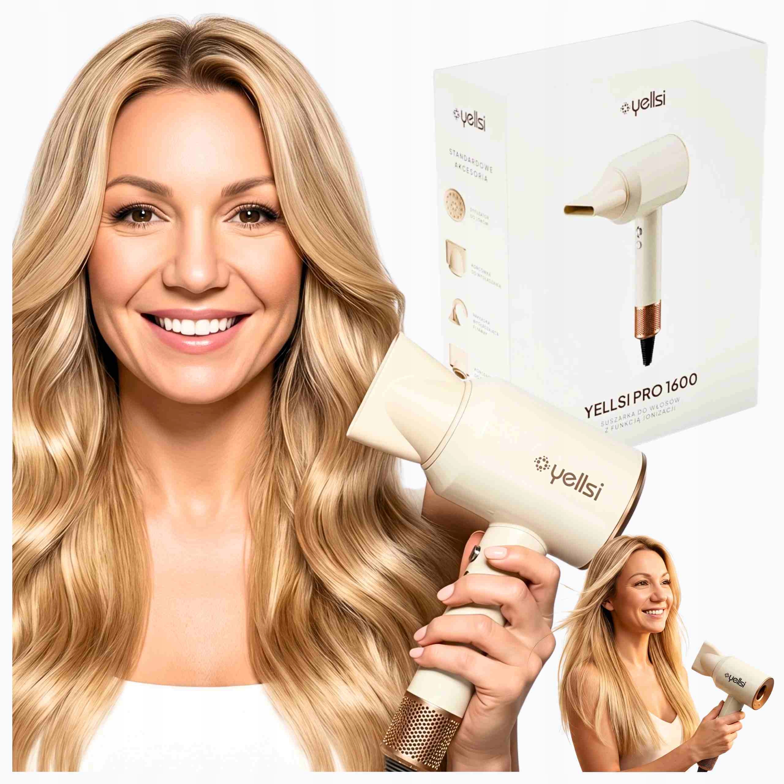 Suszarka do włosów z jonizacją i dyfuzorem 6w1 Yellsi Pro 1600 końcówki