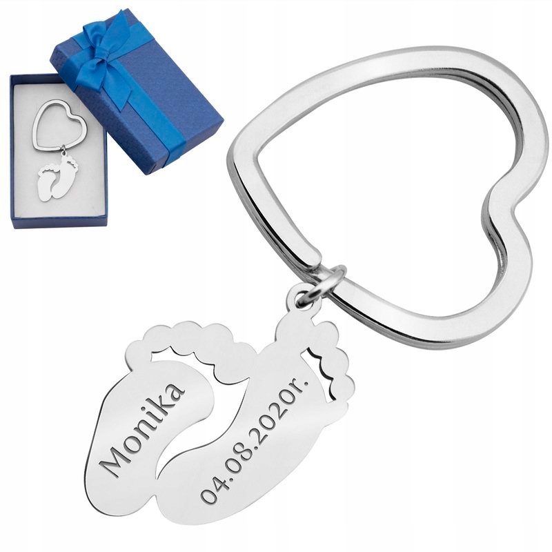 

Stalowy brelok w kształcie stópek z Grawerem