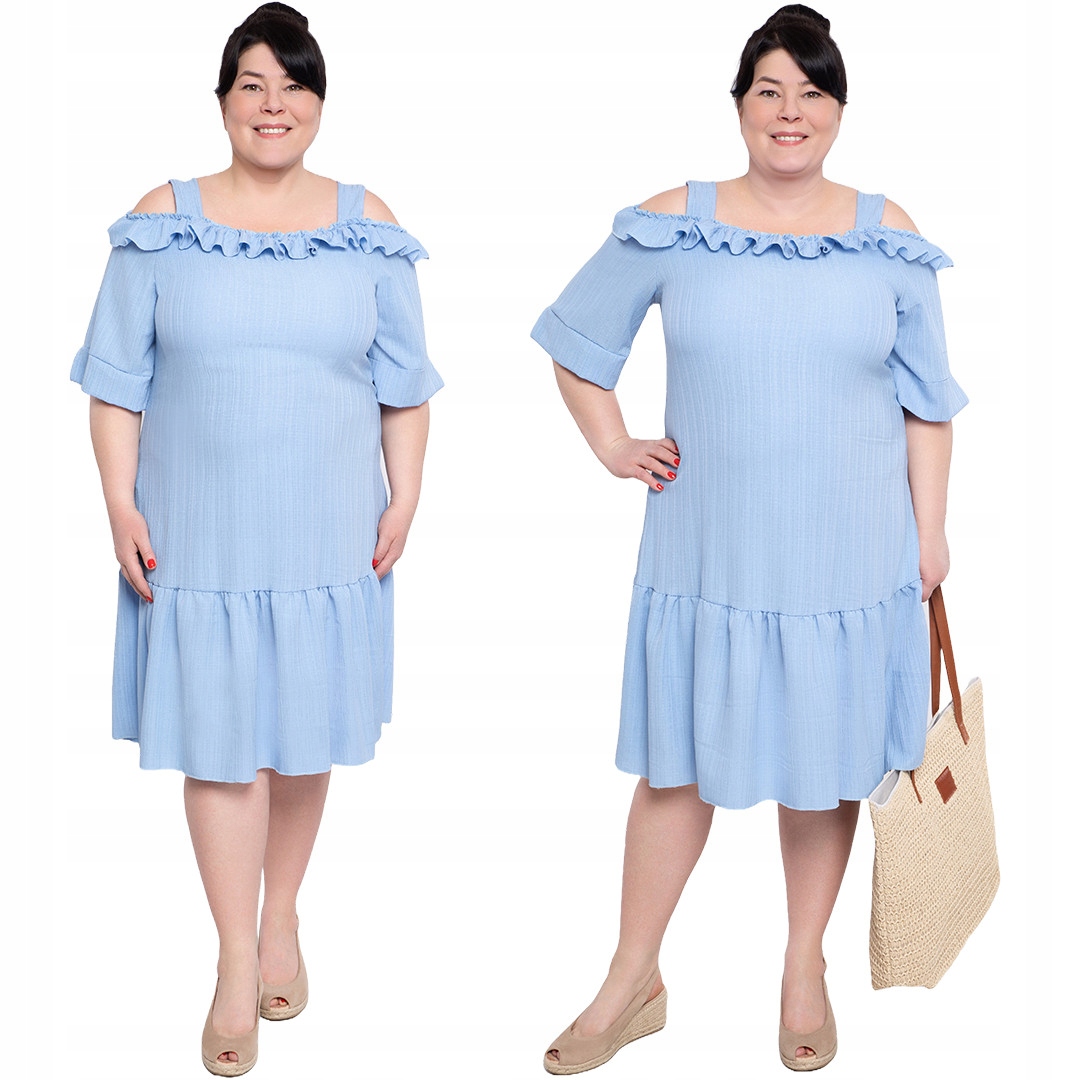 Modrá šaty s odhalenými rameny a volánem 58/60