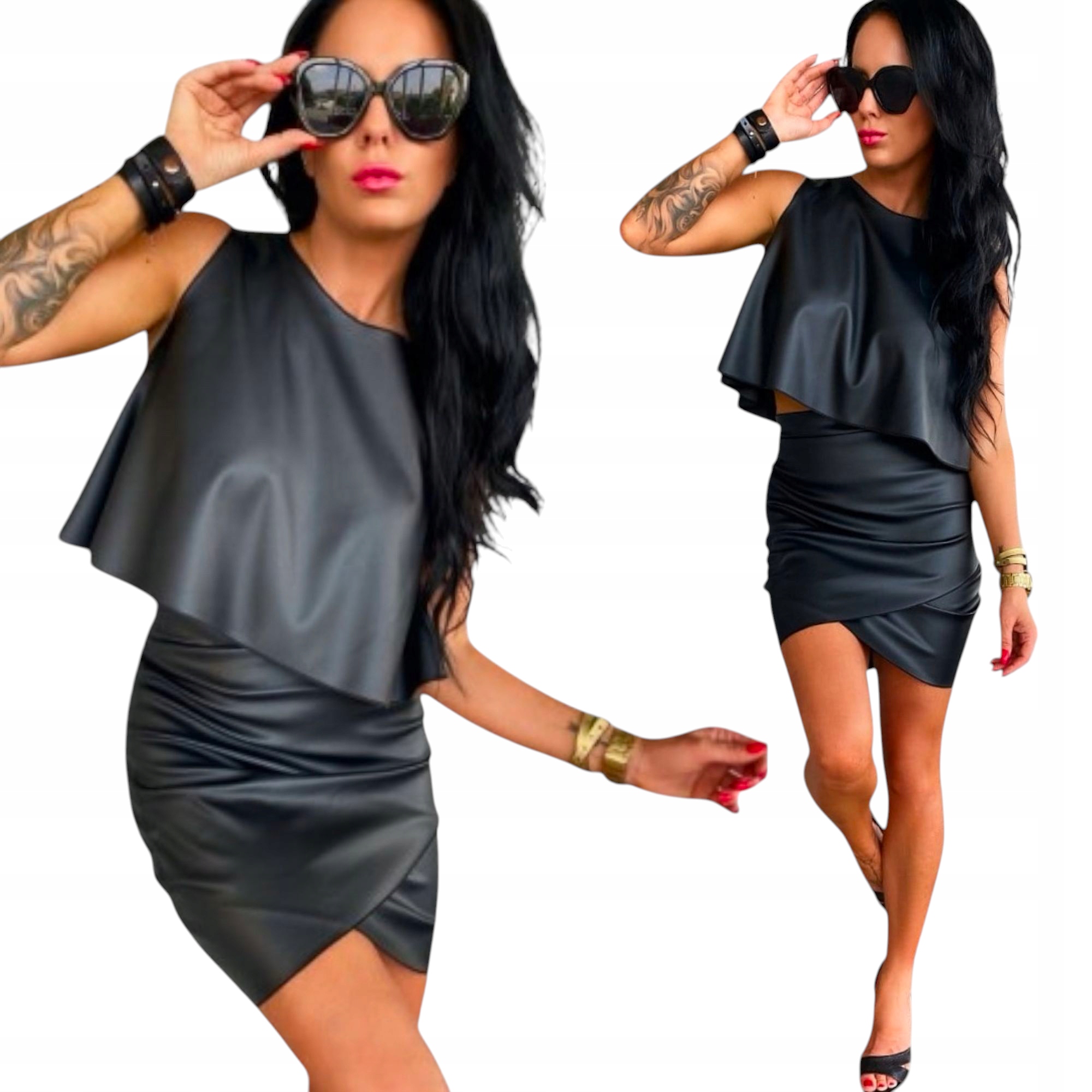 Dámský komplet Elegantní Eko kůže Sukně Vysoký pas Košile Top S 36