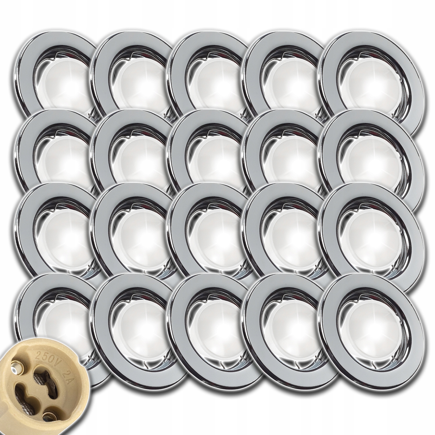 20x Chromovaná Kruhová Stropní Objímka Halogen+zásuvka Konektor GU10 Na Žárovku