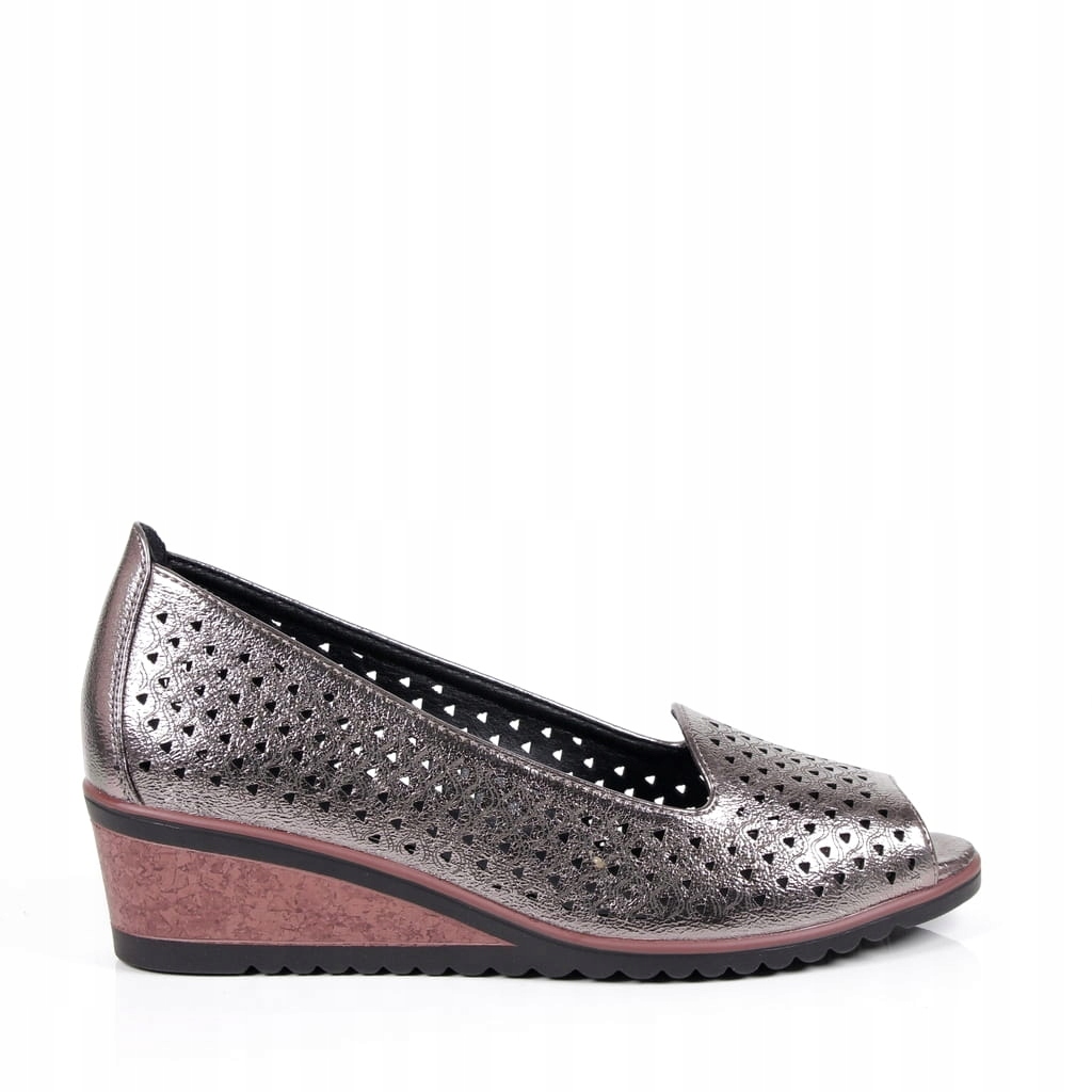 PÓŁBUTY NA KOTURNIE BUTY POTOCKI PEWTER SRERNE AŻUROWE ODKRYTY PALEC MODNE Materiał zewnętrzny skóra ekologiczna