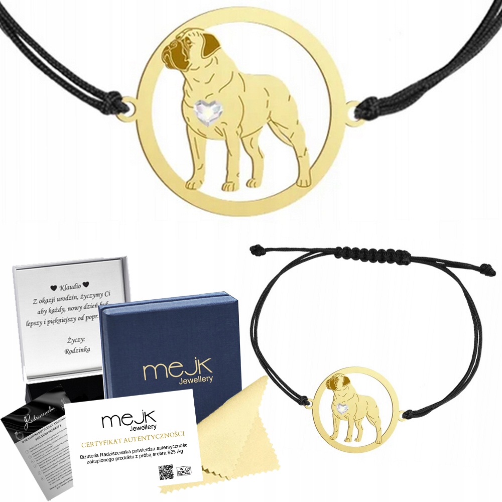 Zlatý náramek se psem plemene Bullmastiff 925 Dárek Šňůrka Gravírování Bonus