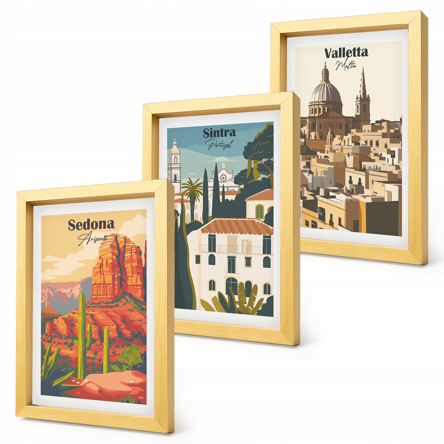 Sada obrazů nad pohovku Pohledy Sedona Sintra Valletta retro Zlatý rám