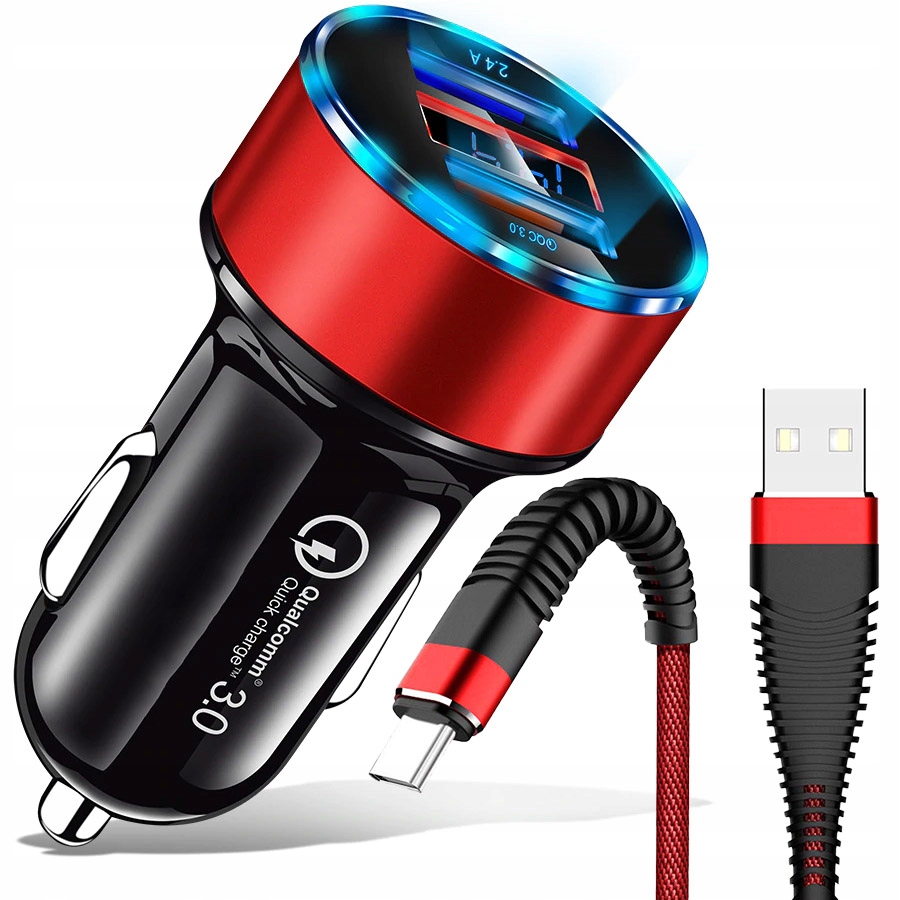 MOCNA SZYBKA ŁADOWARKA SAMOCHODOWA DO AUTA TELEFONU LED QC 3.0 +KABEL USB-C