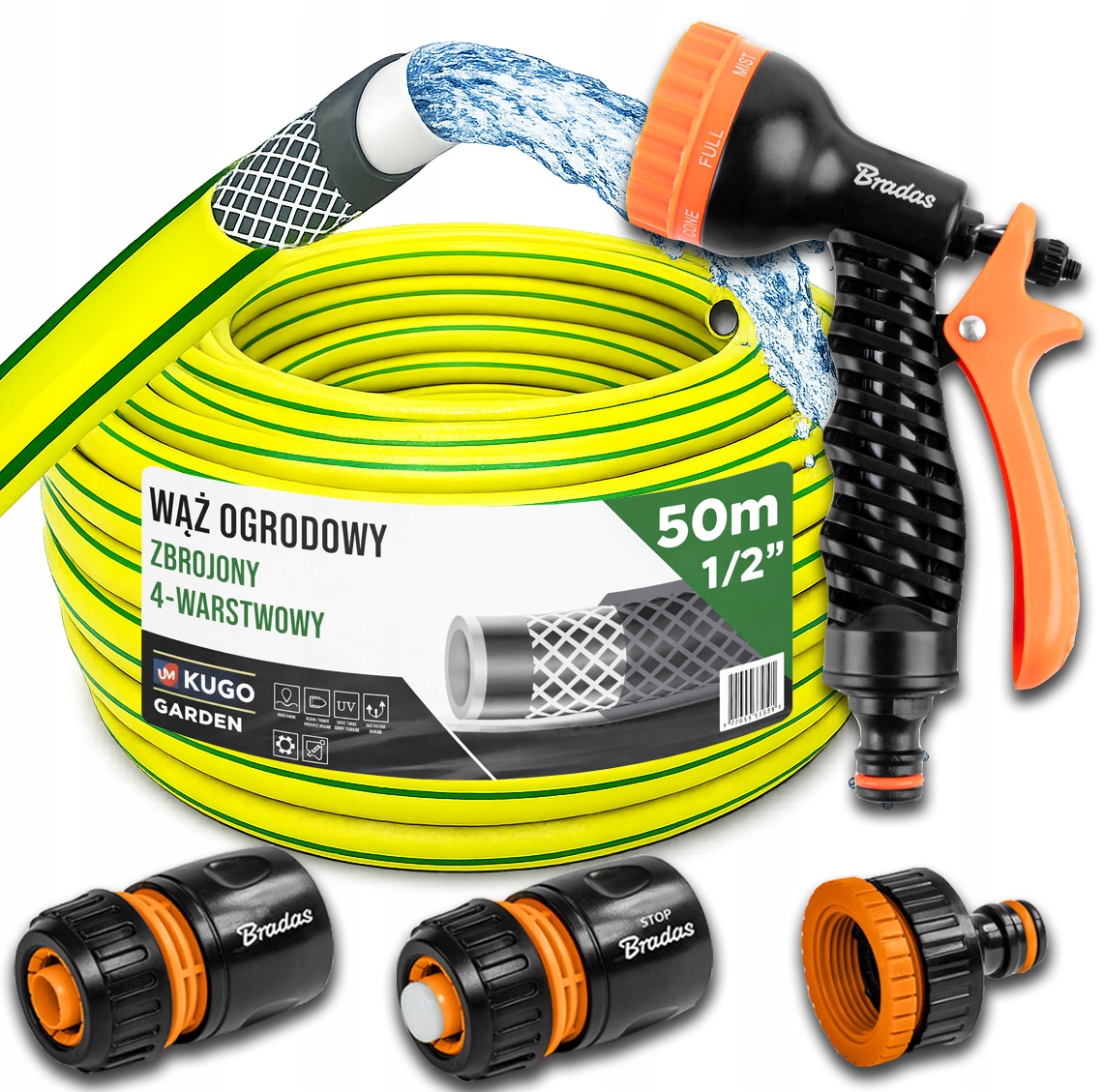 Hadice 1/2" 50 m 4 Vrstvy Spojovací Pistole Set Bradas