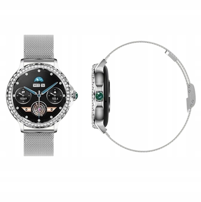 Smartwatch srebrny różowy zegarek fitness damski ozdobny