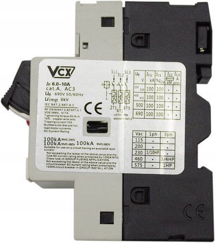 WYŁĄCZNIK SILNIKOWY NA SZYNĘ VCX GV2 9,0-14A MODUŁOWY WYŁĄCZNIK VCX Producent VCX