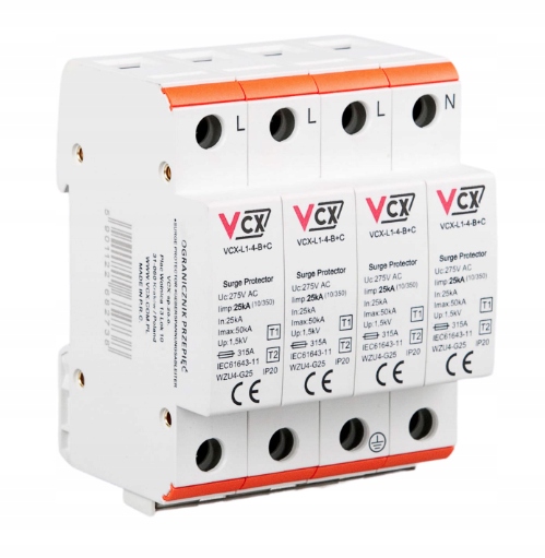 Zvodič prepätia triedy B+c 4P (T1+T2) 25 Ka
