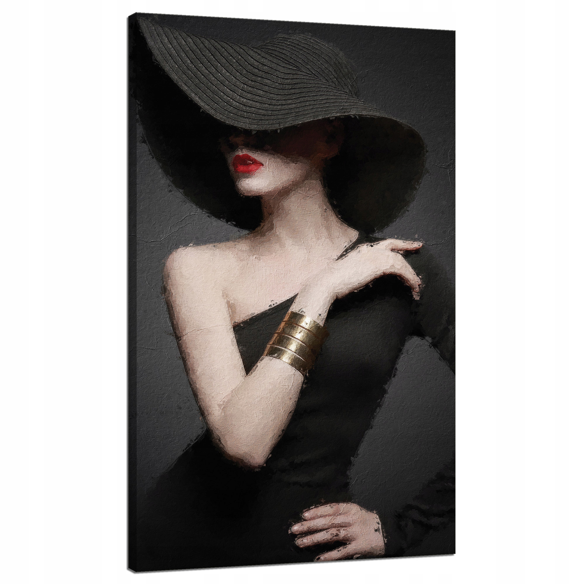 Obraz na plátně Elegantní Žena Černý Klobouk Červené Rty 70x120 cm