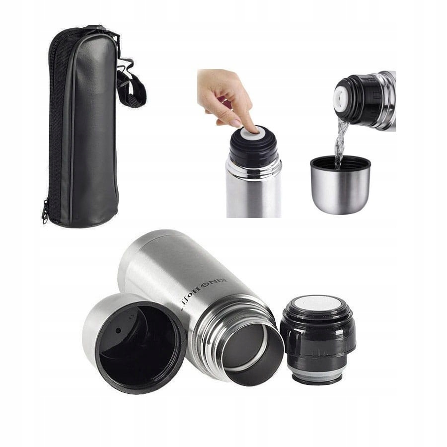 TERMOS Z POKROWCEM STALOWY na NAPOJE 0,75L kanka 750 ml Srebrny CLICK-CLACK Kolor srebrny