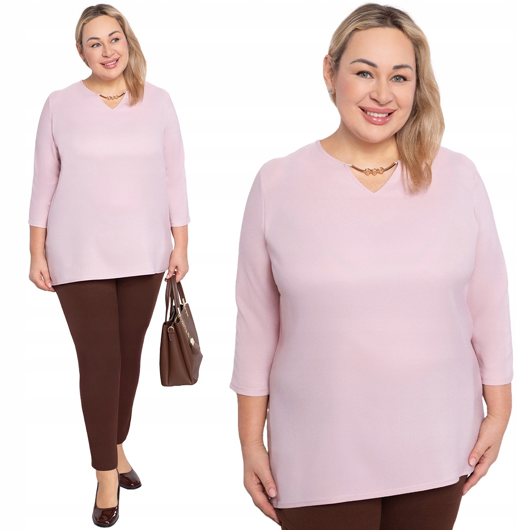 Světle růžová halenka se zlatým výstřihem, velikost 56/58