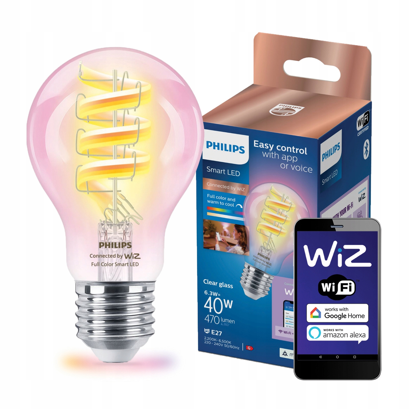 Led žárovka E27 A60 6,3W 40W Cct Rgb Filament Smart WiFi Philips WiZ