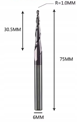 Kónická spirálová fréza R1,0x6,0x30,5x75 pro Cnc