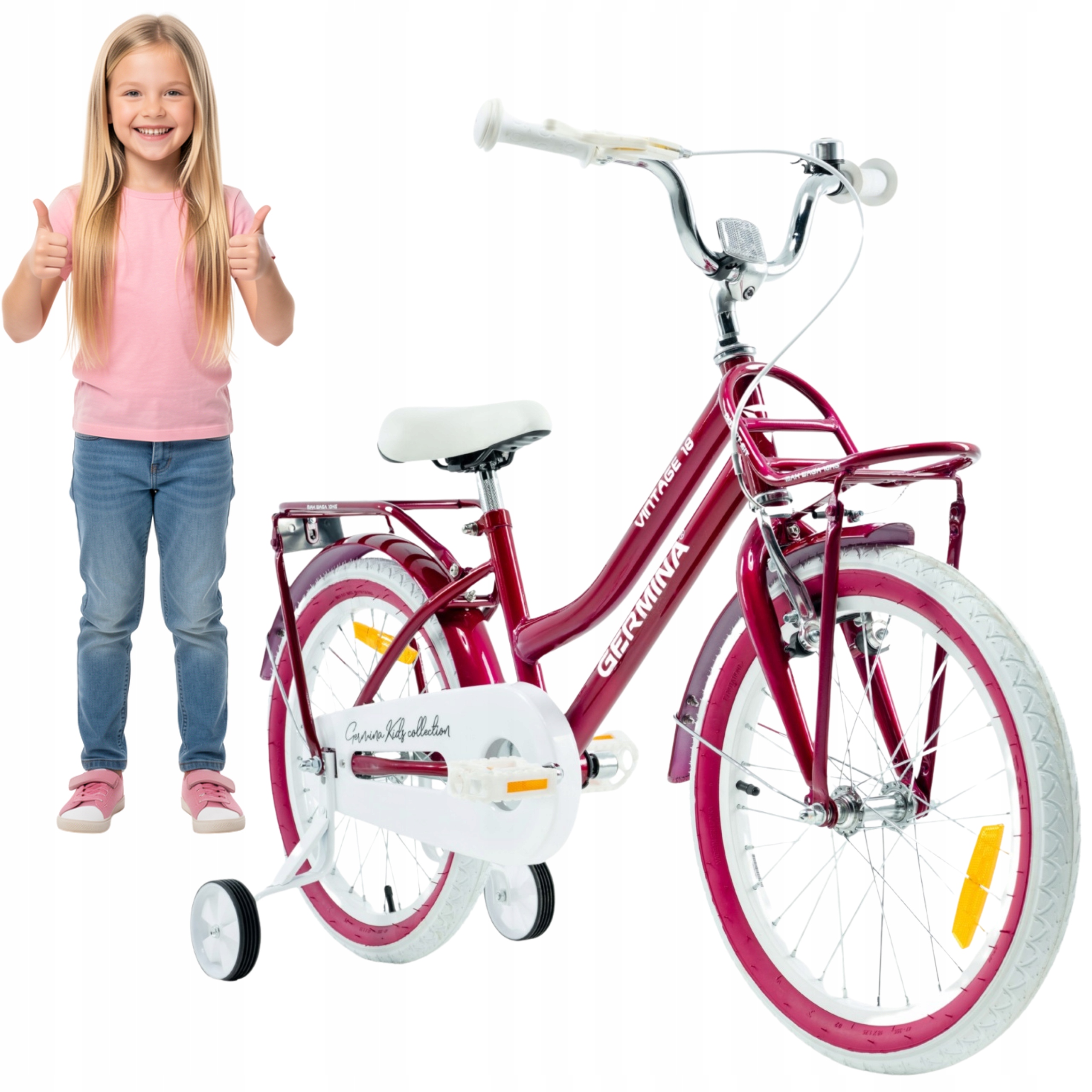 Rower dziecięcy 18" Germina różowy miejski Vintage dziewczęcy +kółka boczne