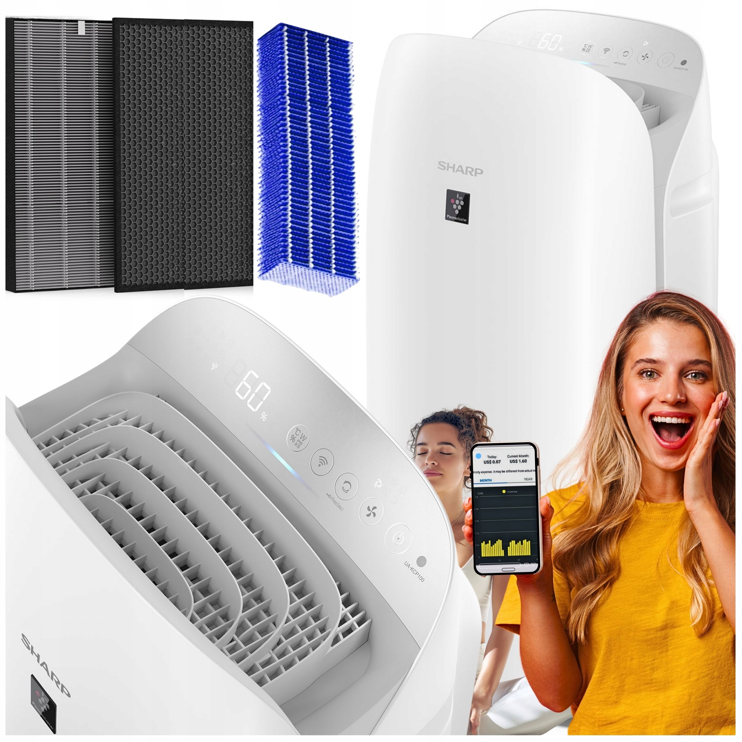 Sharp Čistička vzduchu s ionizačním zvlhčováním UA-KCP100E-W Hepa Apka